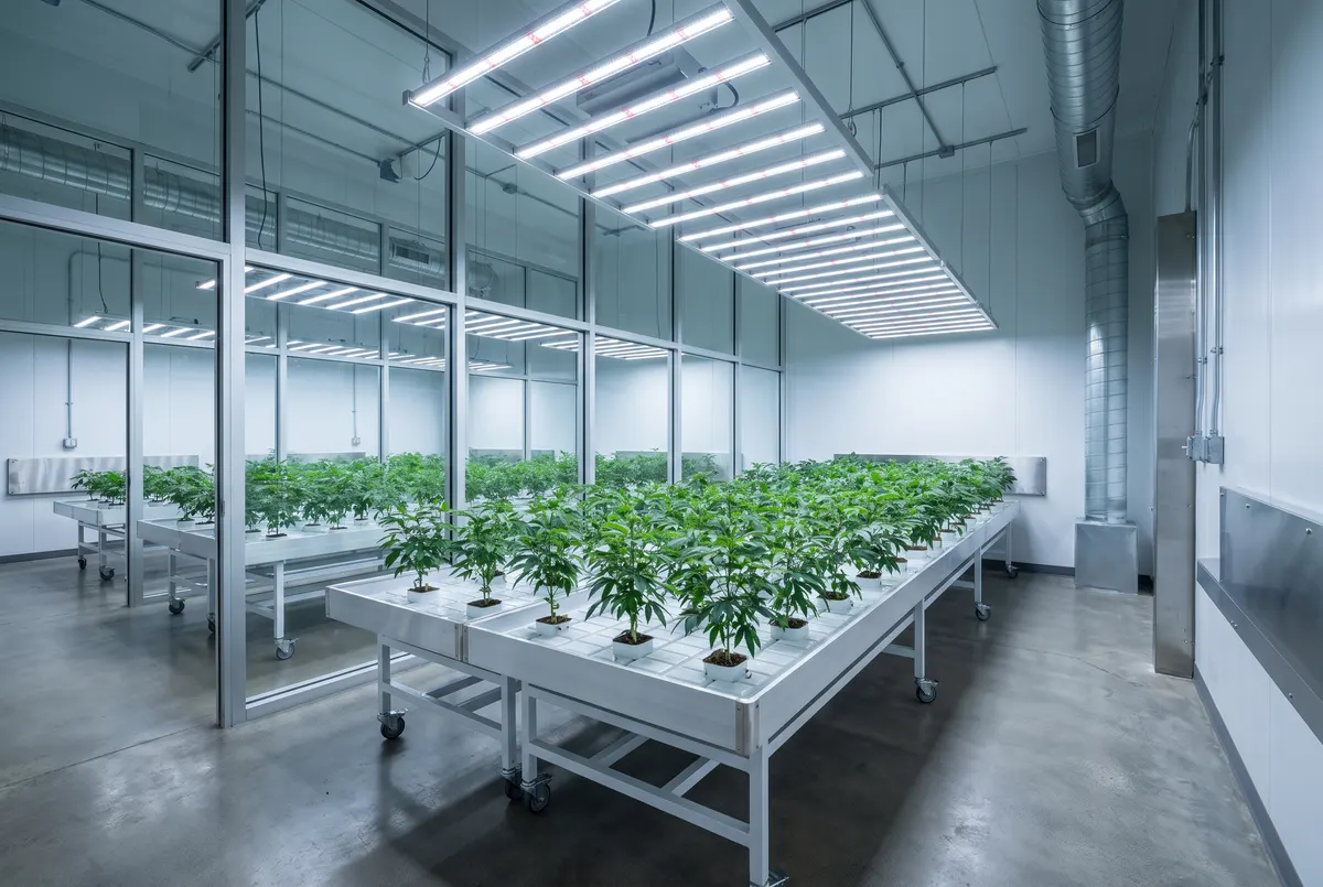 Aligned rows of plants on white benches under LED bars in a modern cultivation facility