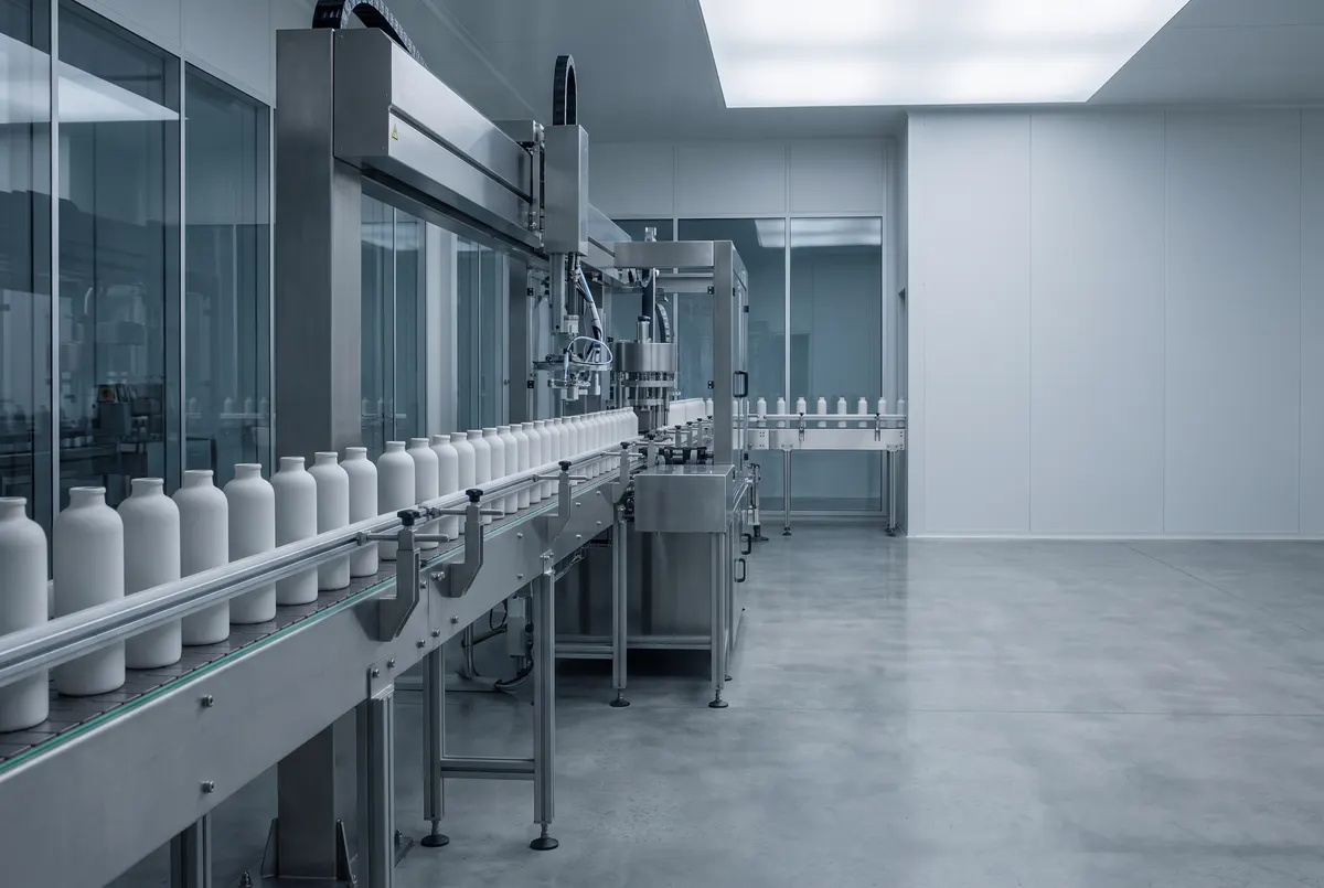 Identical unlabeled white bottles on a stainless steel filling line in a bright modern facility