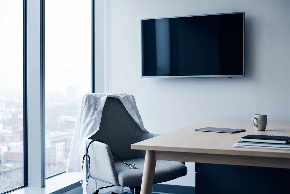 A bright consultation room with a physician's white coat on a chair and a wall-mounted screen for video visits